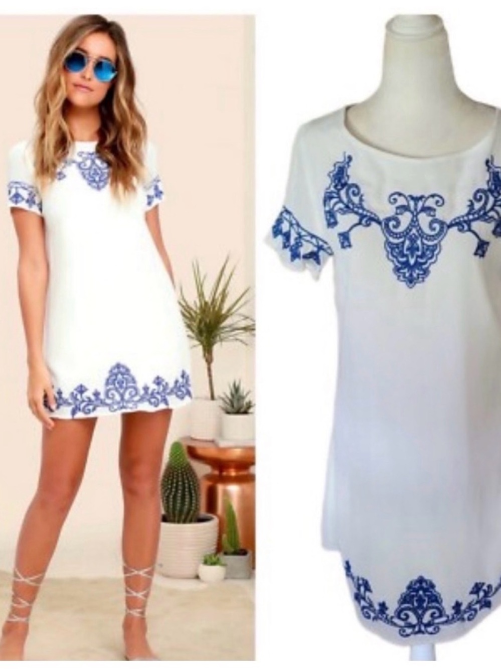 Lulu's White Mini Dress with Blue Embroidered Trim